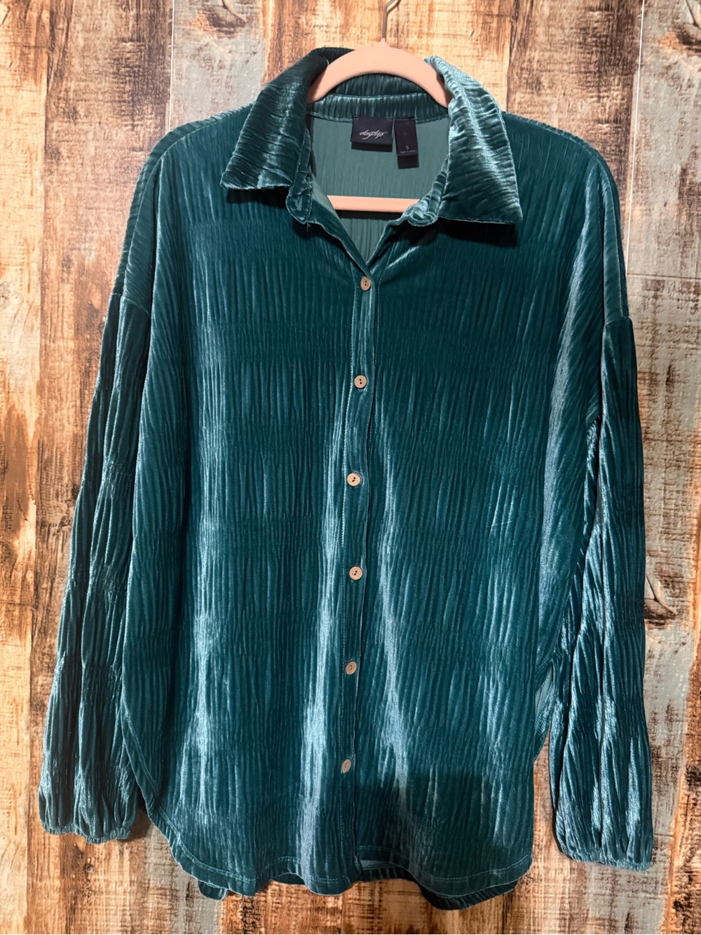 Daytrip Teal Crushed Velvet Button-Up Blouse